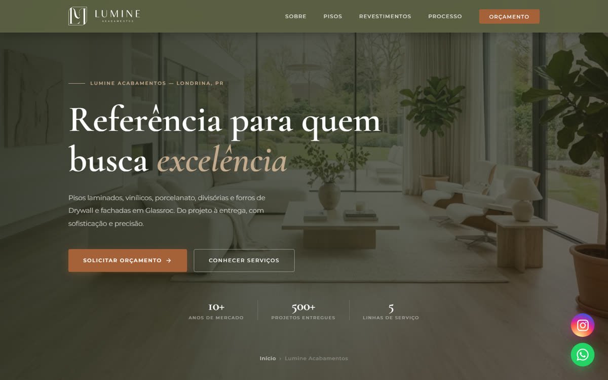 Site da Lumine Acabamentos, versão desktop